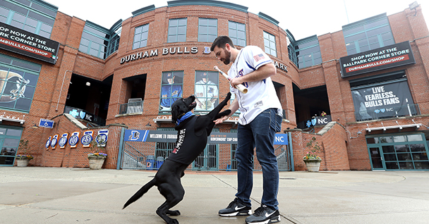 black dog with trainer holding a baseball bat outside stadium